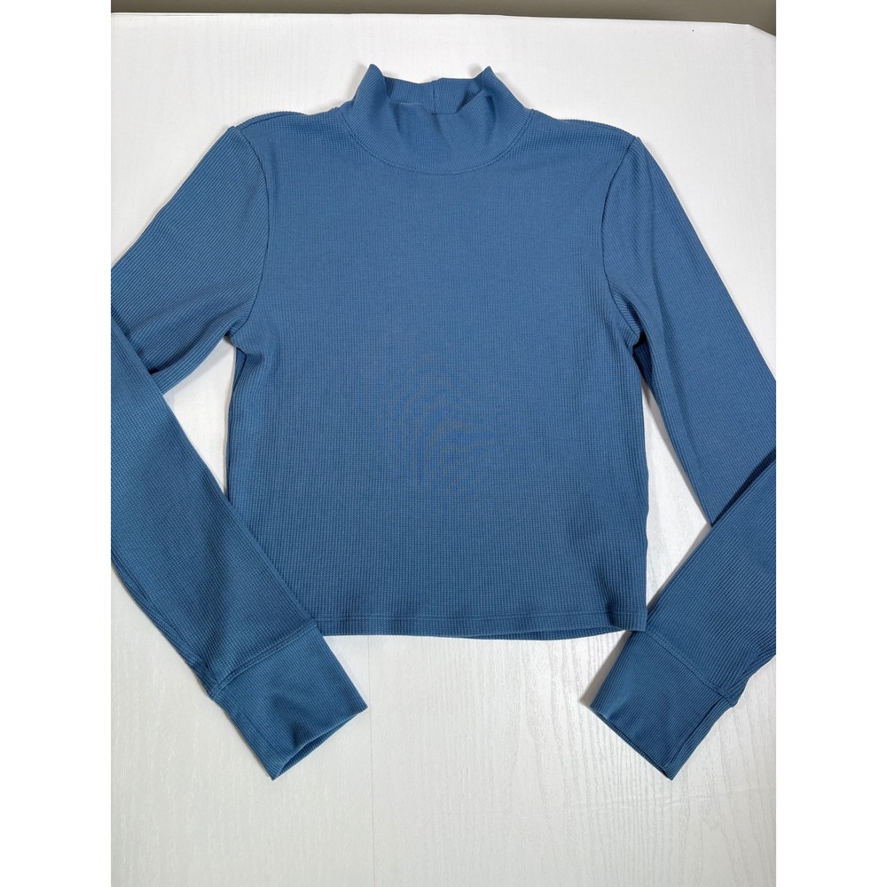 American Eagle‎ Womens Blue Waffle Knit Mock Neck Cropped Long Sleeve Top Large